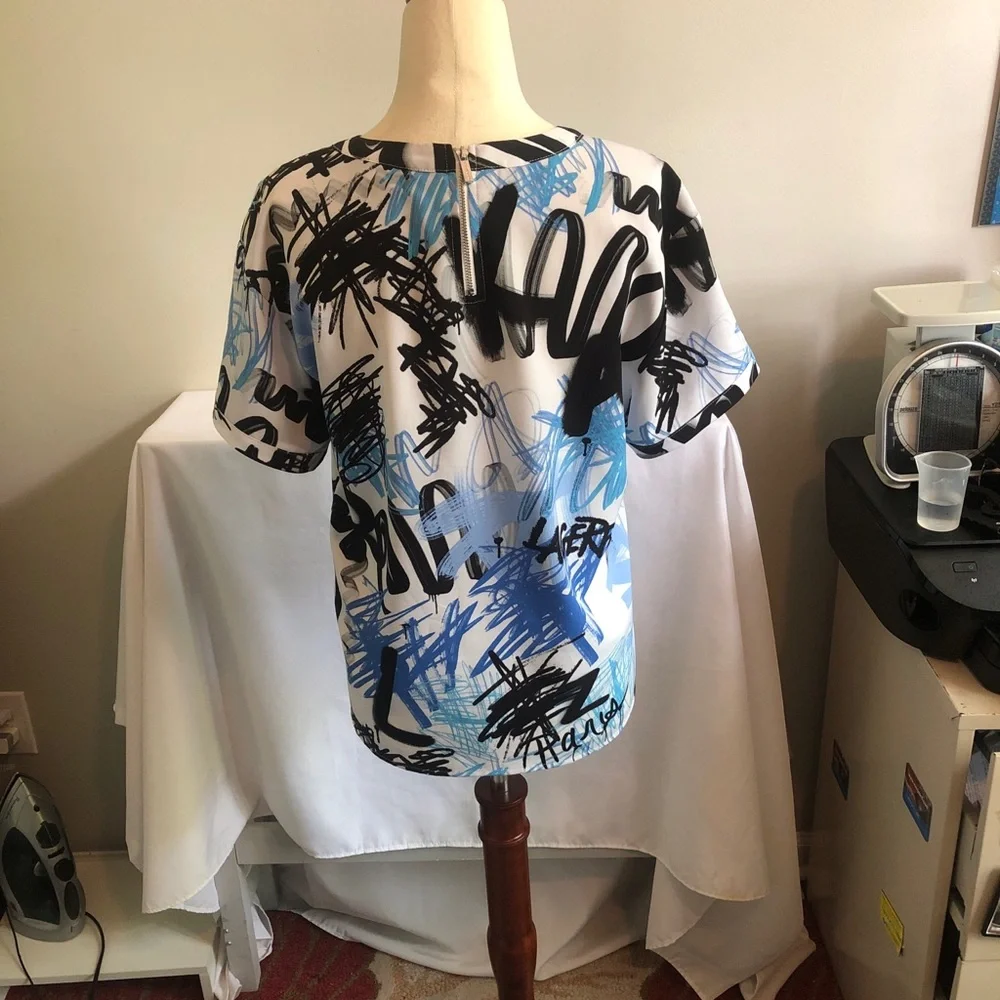 Karl Lagerfeld White Tee with Blue and Black Graffiti Print - Picture 8 of 11